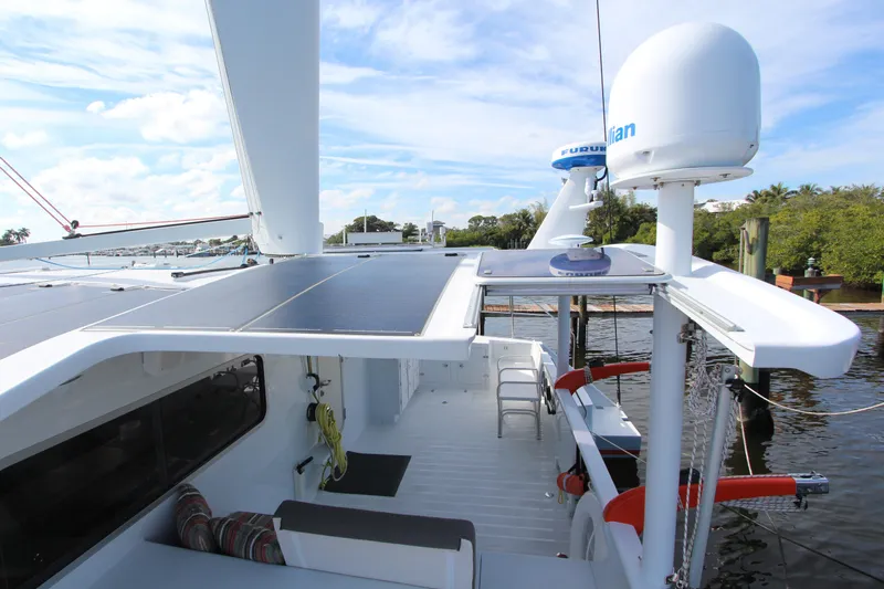 Wabisabi Yacht Photos Pics Atlantic 49 MastFoil yacht deck with solar panels and navigation equipment, 2018 model.
