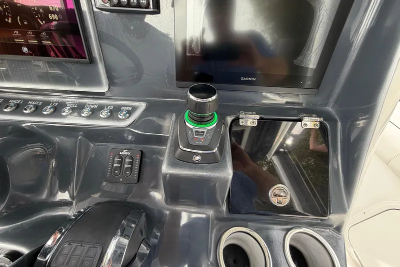  Yacht Photos Pics Control panel of 2020 Glasstream 360 SCX boat with Garmin display and joystick.