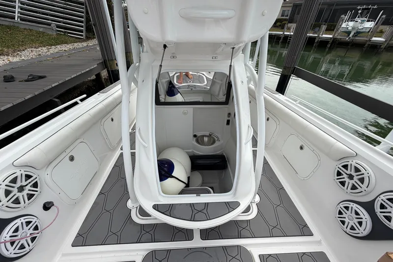  Yacht Photos Pics 2020 Glasstream 360 SCX boat interior with seating, speakers, and storage compartments.