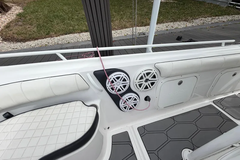  Yacht Photos Pics 2020 Glasstream 360 SCX boat interior with white seating and speaker system.