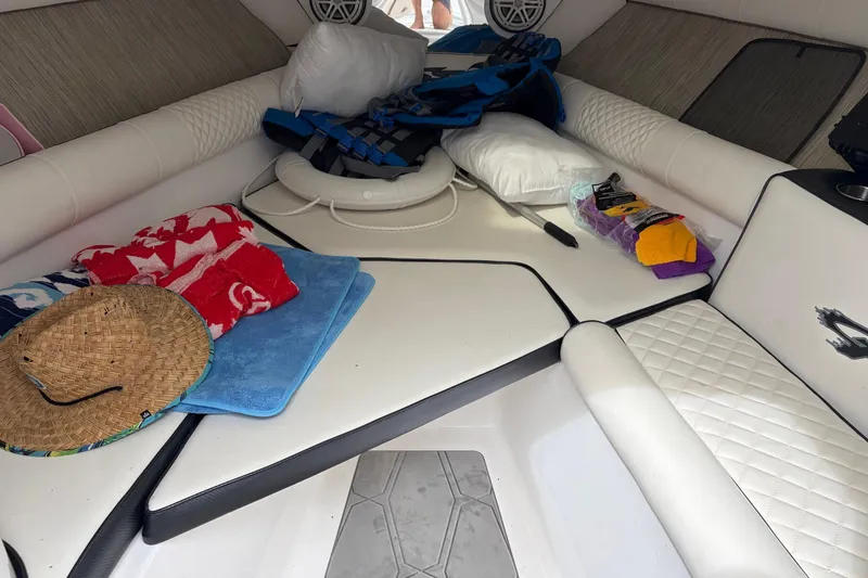  Yacht Photos Pics Interior of 2020 Glasstream 360 SCX boat with towels, hat, and life jackets.
