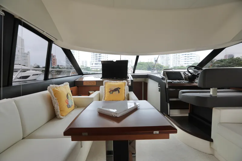 Perseus Yacht Photos Pics Luxurious interior of a 2013 Prestige 500 yacht with modern furnishings.