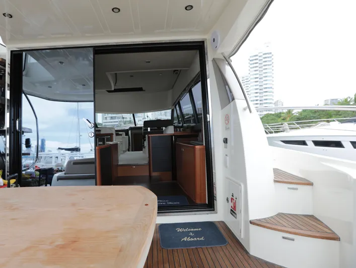 Perseus Yacht Photos Pics Prestige 500 yacht interior, 2013 model, featuring a modern design with wooden accents.