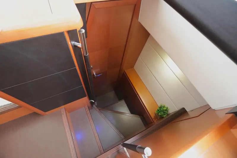 Perseus Yacht Photos Pics Staircase leading to lower deck in 2013 Prestige 500 yacht interior.
