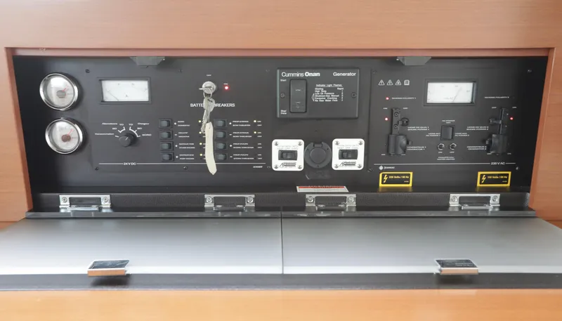 Perseus Yacht Photos Pics Control panel of a 2013 Prestige 500 yacht with various gauges and switches.