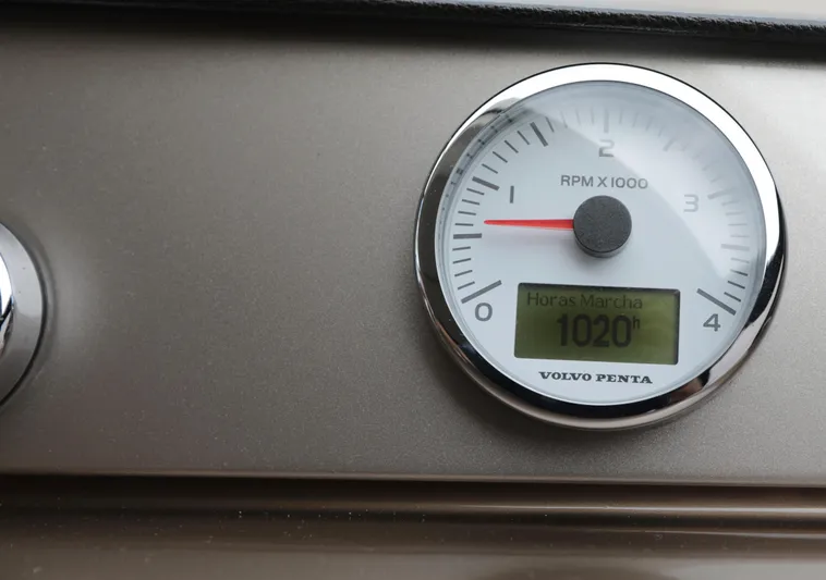 Perseus Yacht Photos Pics Close-up of a Volvo Penta RPM gauge on a 2013 Prestige 500 boat.