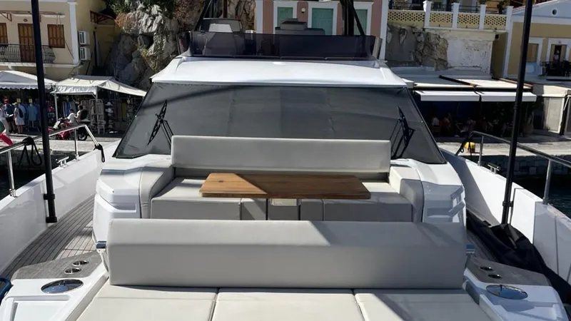  Yacht Photos Pics 2023 Ferretti Yachts 720 with sleek design and spacious deck seating.