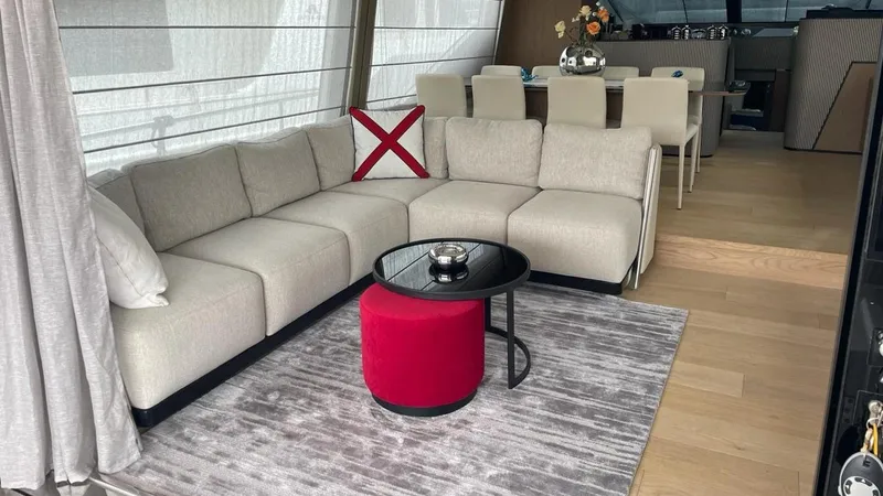  Yacht Photos Pics Luxurious interior of 2023 Ferretti Yachts 720 with modern seating and elegant decor.