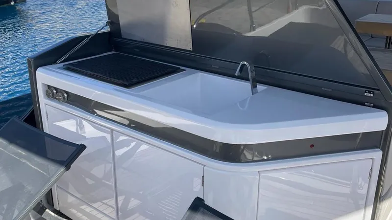  Yacht Photos Pics Outdoor kitchen on 2023 Ferretti Yachts 720, featuring sleek design and modern amenities.
