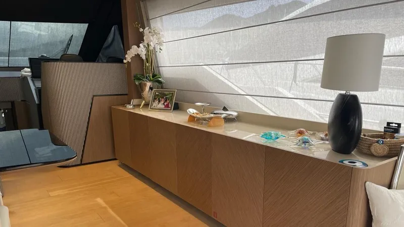  Yacht Photos Pics Luxurious interior of 2023 Ferretti Yachts 720 with elegant decor and modern furnishings.