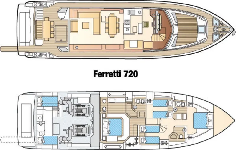  Yacht Photos Pics Floor plan of 2023 Ferretti Yachts 720, showcasing interior layout and design.