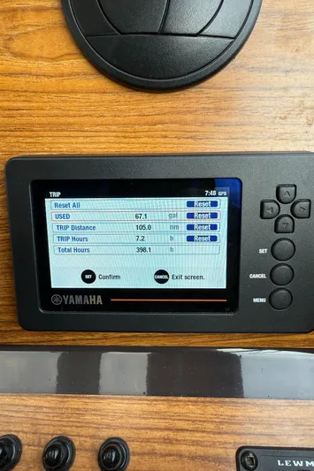  Yacht Photos Pics Yamaha display on 2021 Ranger Tugs R-27 showing trip data and fuel usage.