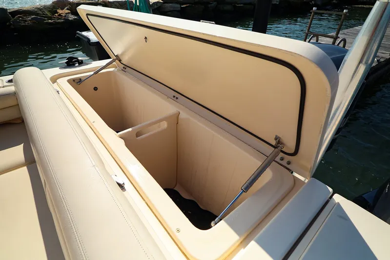4850 Jg Yacht Photos Pics Open storage compartment on 2015 Grady White 335 Freedom boat, dockside view.