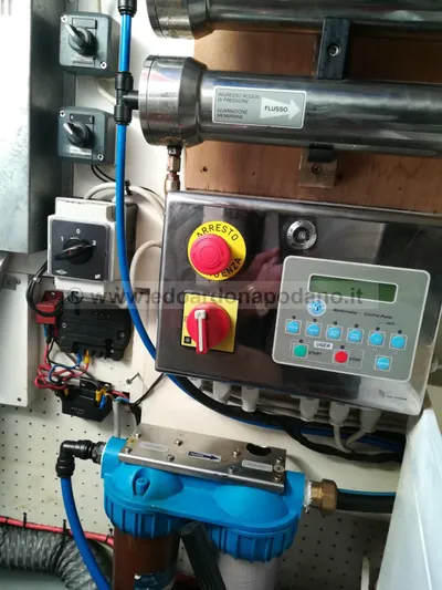  Yacht Photos Pics Control panel with emergency stop button and digital display on a 1984 Classic Sciarrelli.