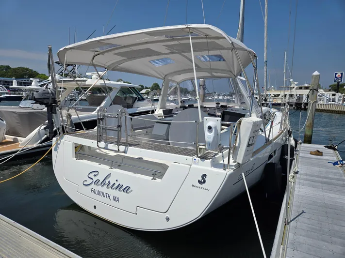 Sabrina Yacht Photos Pics Beneteau Oceanis 41 sailboat docked, 2013 model, named Sabrina, in Falmouth, MA marina.