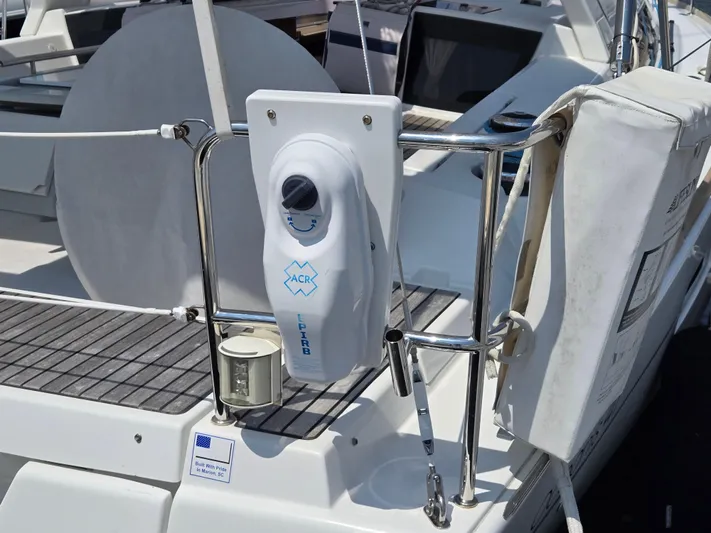 Sabrina Yacht Photos Pics Beneteau Oceanis 41 yacht deck with safety equipment, featuring ACR device, 2013 model.