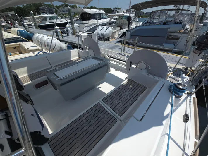 Sabrina Yacht Photos Pics 2013 Beneteau Oceanis 41 sailboat cockpit with seating, docked at marina.