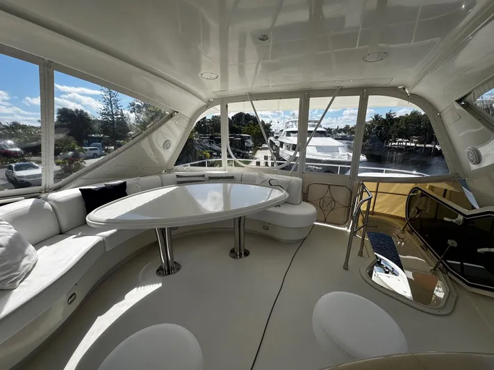 Sylvia Yacht Photos Pics Luxurious interior of a 2006 Marquis 65 yacht with elegant seating and panoramic windows.