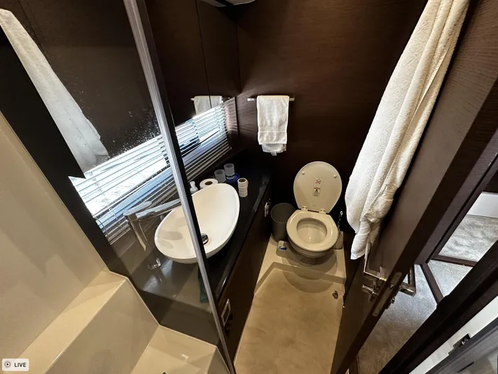  Yacht Photos Pics Luxurious bathroom in 2018 Prestige 460S Coupé yacht with modern fixtures.