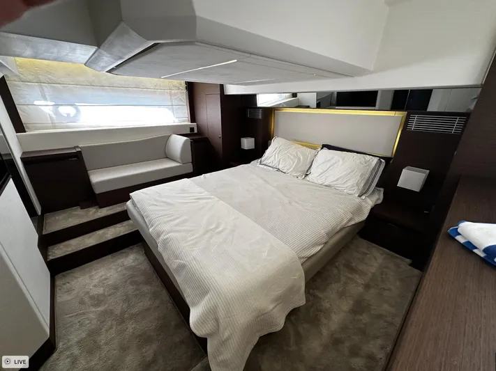  Yacht Photos Pics Luxurious bedroom interior of 2018 Prestige 460S Coupé yacht with modern design.