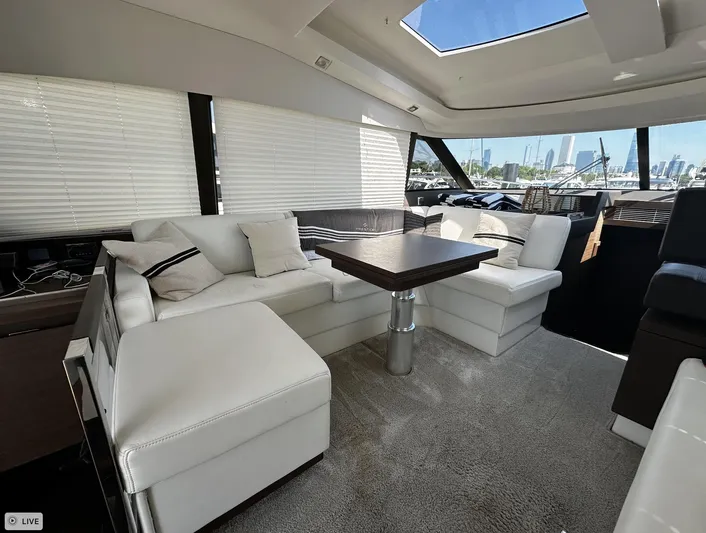  Yacht Photos Pics Luxurious interior of 2018 Prestige 460S Coupé yacht with white seating and skylight.