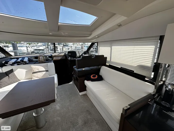  Yacht Photos Pics Luxurious interior of 2018 Prestige 460S Coupé yacht with modern seating and panoramic windows.