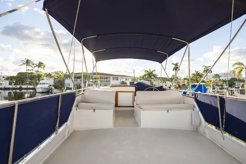 Moonshadow Yacht Photos Pics Flybridge of 1985 Grand Banks 42 Classic yacht with blue canopy and seating.