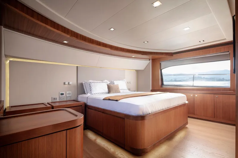  Yacht Photos Pics Luxurious bedroom interior on 2014 Custom Line Navetta 26 Crescendo yacht.