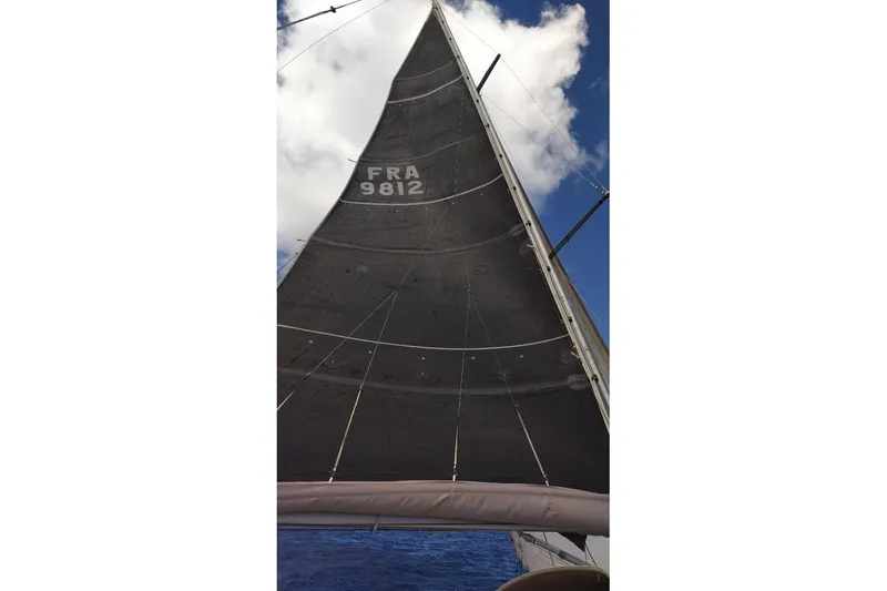  Yacht Photos Pics Sail of a 2004 Beneteau First 40.7 yacht against blue sky and clouds.