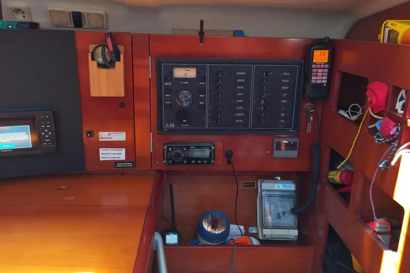  Yacht Photos Pics Control panel of a 2004 Beneteau First 40.7 sailboat with navigation equipment.