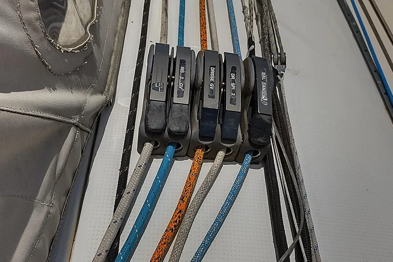  Yacht Photos Pics Close-up of rope clutches on a 2004 Beneteau First 40.7 sailboat deck.