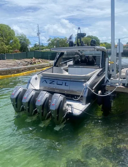  Yacht Photos Pics Azimut Verve 47 boat, 2021 model, docked with four powerful engines.