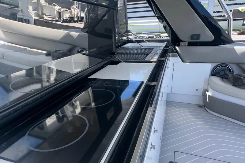  Yacht Photos Pics 2021 Azimut Verve 47 yacht interior with sleek kitchen and modern design.