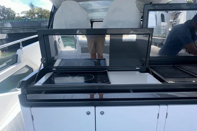  Yacht Photos Pics Outdoor kitchen on 2021 Azimut Verve 47 yacht with stovetop and grill.