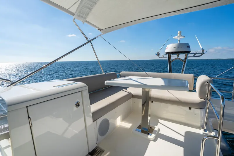 Living Out Loud Yacht Photos Pics Prestige 420 yacht deck, 2020 model, with ocean view and seating area.