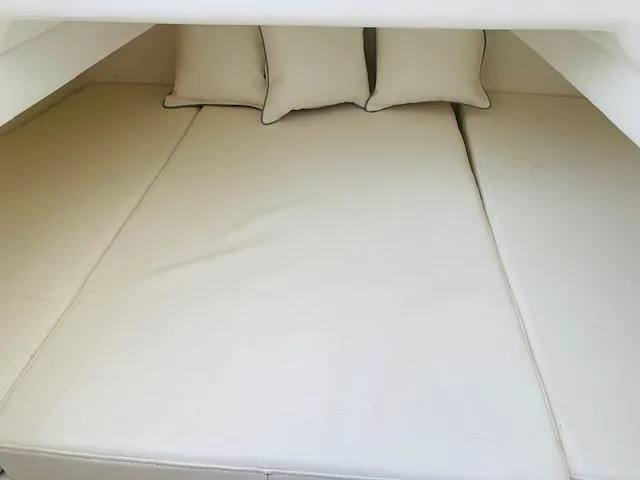  Yacht Photos Pics 2020 SeaHunter 39 Tournament cabin interior with beige cushions and pillows.