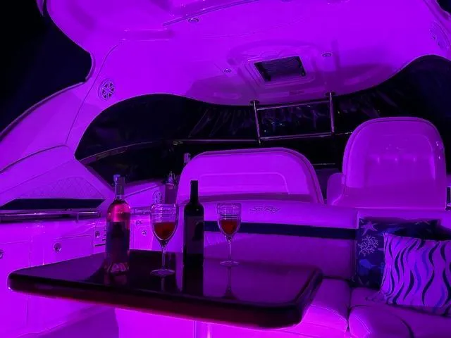 Sarah Jane III Yacht Photos Pics Luxurious 2005 Sea Ray 390 Sundancer interior with ambient purple lighting and wine setup.