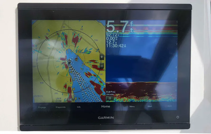  Yacht Photos Pics Garmin marine display showing navigation and sonar data on Intrepid 430 Sport Yacht, 2008 model.