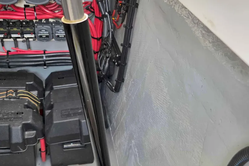  Yacht Photos Pics Engine compartment of a 2008 Intrepid 430 Sport Yacht with wiring and battery boxes.