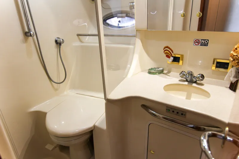 Pal'party Yacht Photos Pics Bathroom interior of 2000 Sea Ray 450 Express Bridge yacht, featuring shower and sink.
