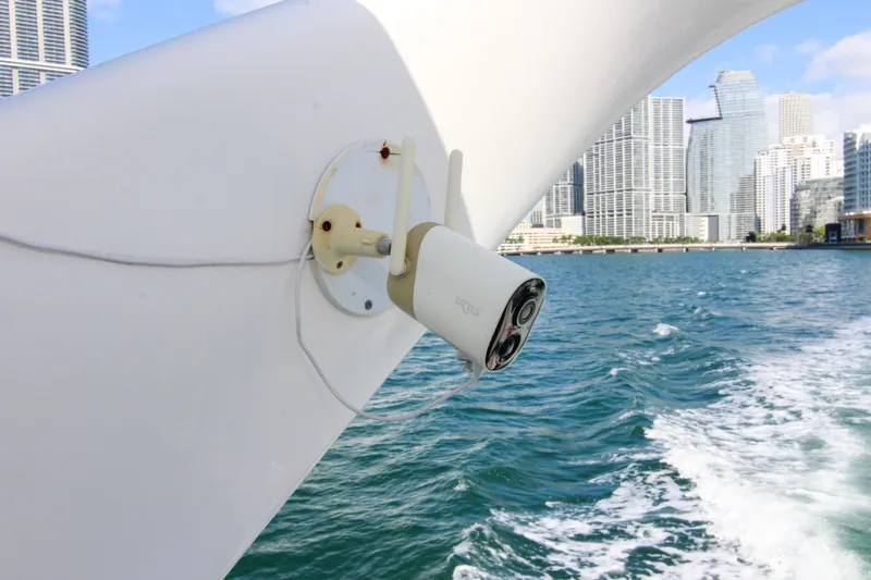 Pal'party Yacht Photos Pics Security camera on 2000 Sea Ray 450 Express Bridge, city skyline in background.