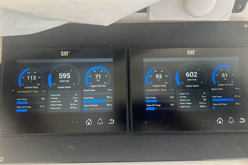 Short People Yacht Photos Pics Digital engine displays on a 1999 Ocean Yachts EXPRESS, showing various performance metrics.