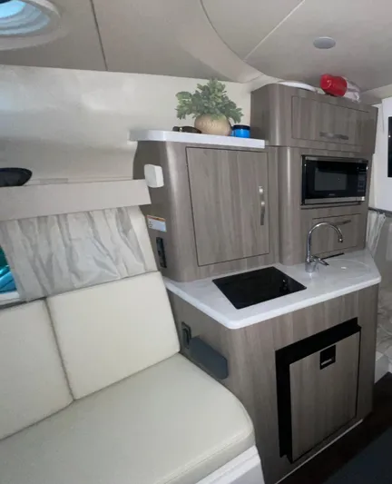  Yacht Photos Pics 2019 Regal 28 Express boat interior with kitchenette, featuring sink, stove, and microwave.
