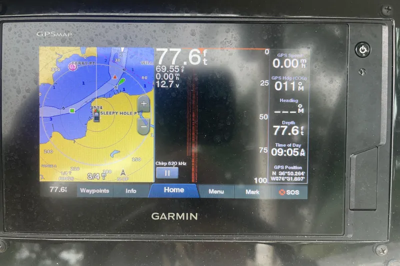  Yacht Photos Pics Garmin GPS display on 2019 Regal 28 Express, showing nautical map and navigation data.