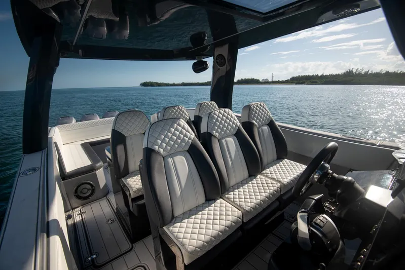  Yacht Photos Pics Luxury interior of 2025 Sardine Marine Custom Race 55 boat on open water.