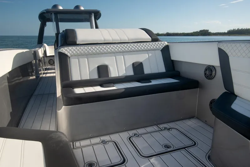  Yacht Photos Pics 2025 Sardine Marine Custom Race 55 boat interior with sleek seating and ocean view.