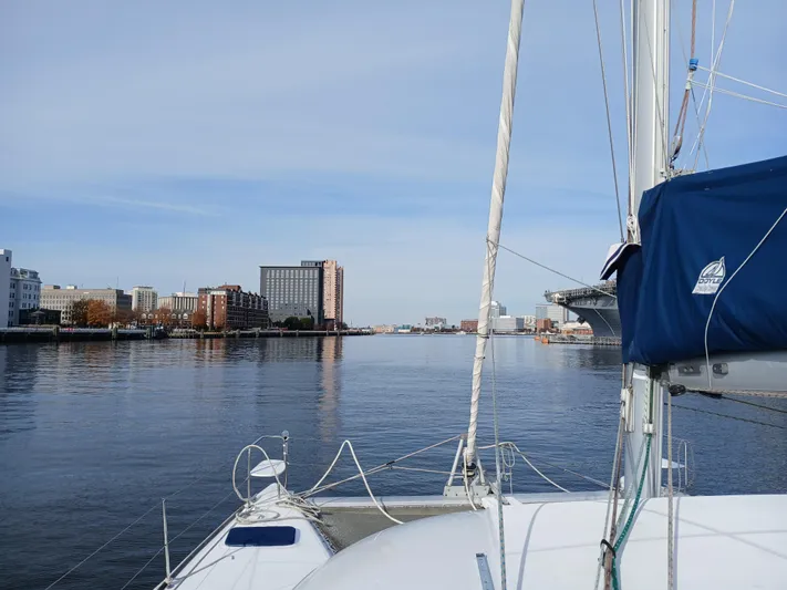 Double Diamond Yacht Photos Pics Sailing on a 2007 Lagoon 380 S2 catamaran in a calm urban harbor.