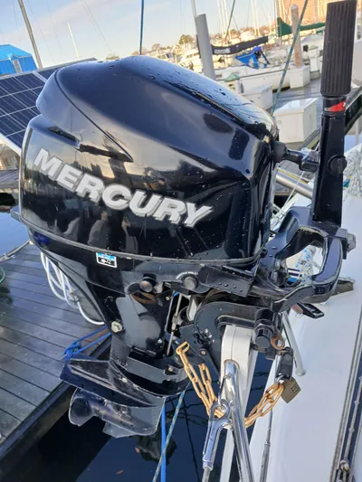 Double Diamond Yacht Photos Pics Mercury outboard motor on a 2007 Lagoon 380 S2 catamaran at a marina.