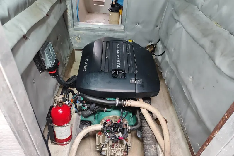 Tahiti Yacht Photos Pics Engine room of 2015 Fountaine Pajot TAHITI with Volvo Penta engine and fire extinguisher.