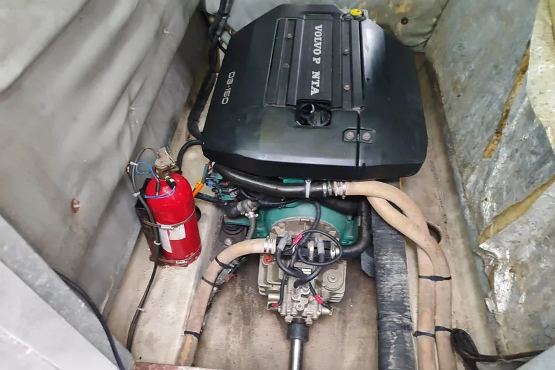 Tahiti Yacht Photos Pics Engine compartment of 2015 Fountaine Pajot TAHITI with Volvo Penta engine and fire extinguisher.